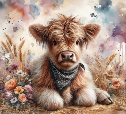 Cute calf with a bandana surrounded by flowers and plants on a soft, multicolored background