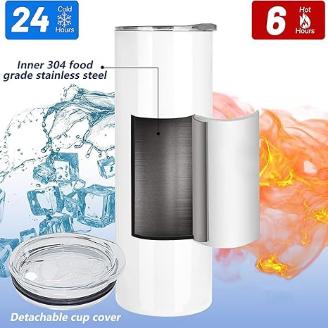 White insulated tumbler with black interior, surrounded by images of ice cubes, flames, and text highlighting features.