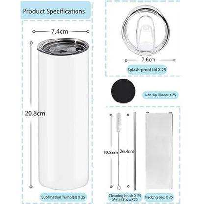 Product specifications of a tumbler with dimensions and included items.
