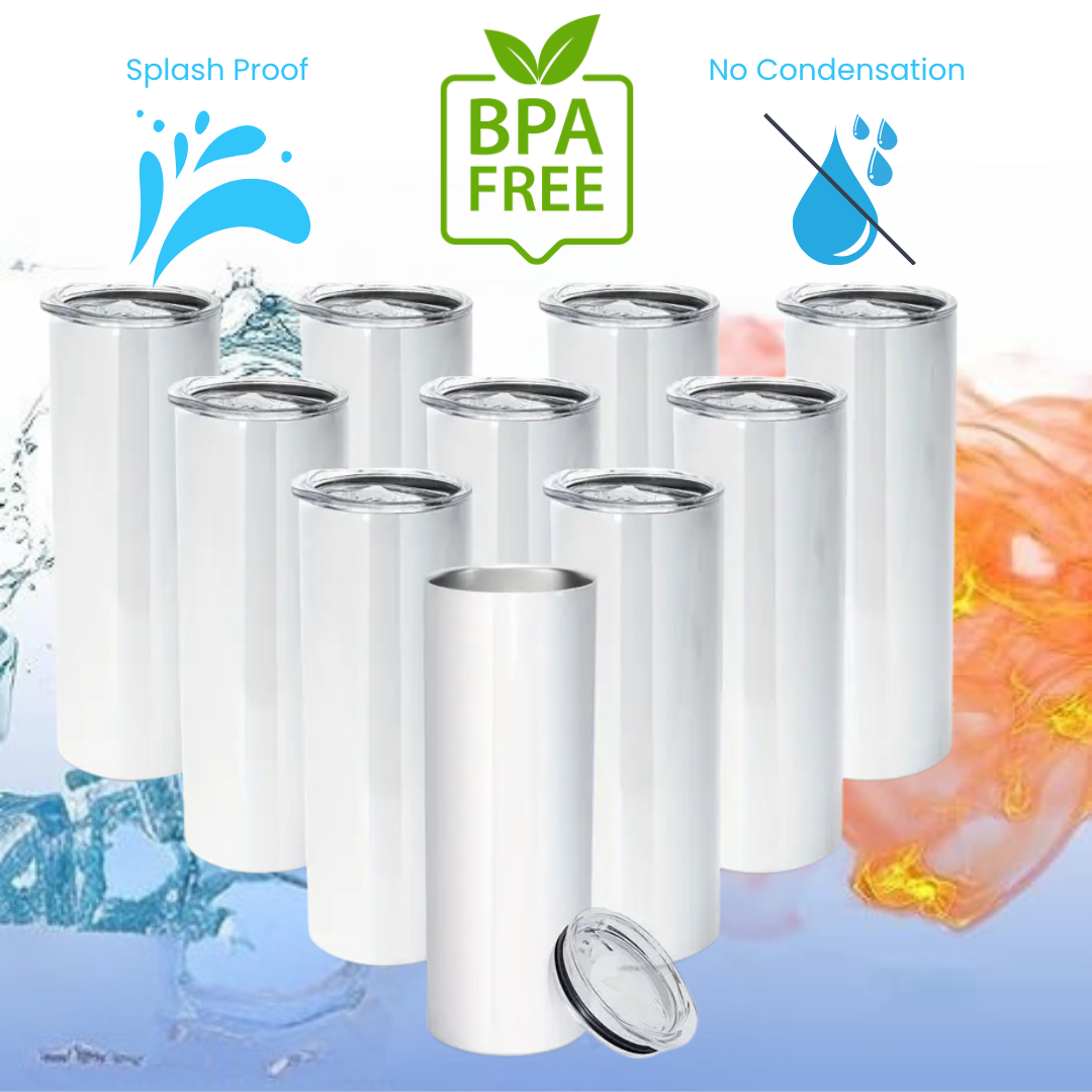 Set of white tumblers with splash proof, BPA free, and no condensation features on a white background.