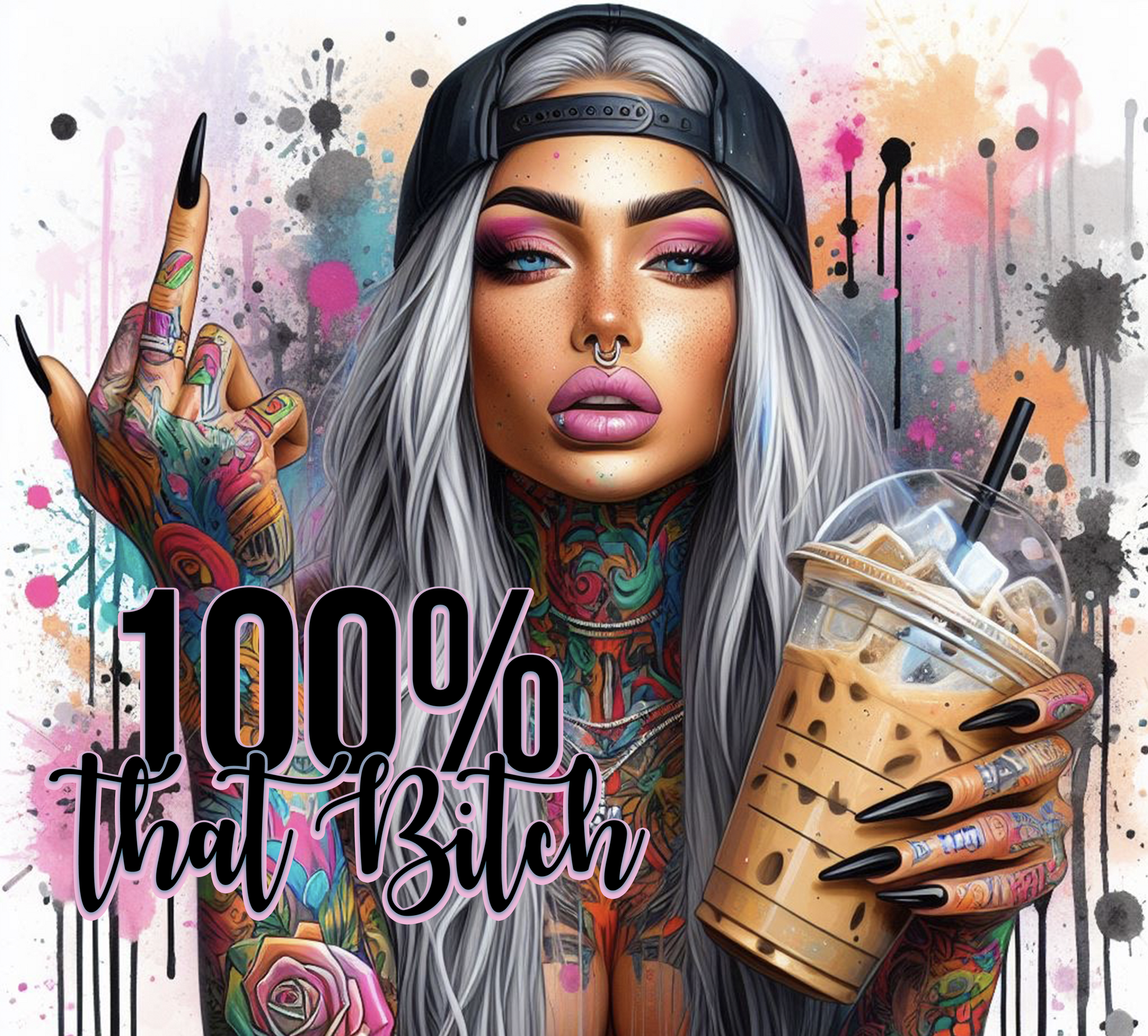 Artistic depiction of a person with tattoos and colorful makeup holding a coffee cup, with text overlay.