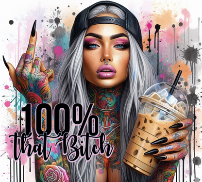 Artistic depiction of a person with tattoos and colorful makeup holding a coffee cup, with text overlay.