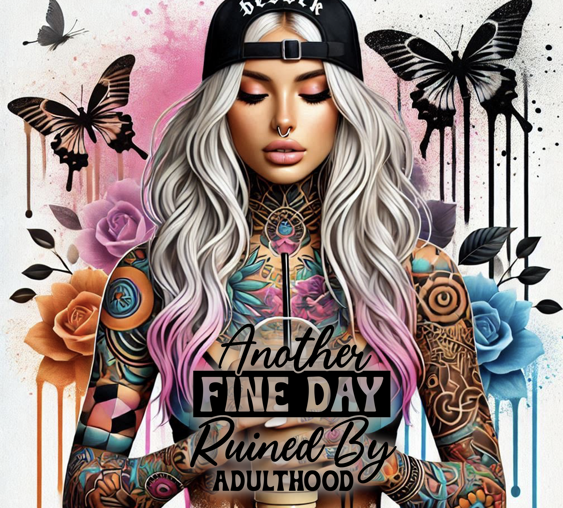 Tattooed person with long hair and cap, surrounded by butterflies and flowers with text overlay.