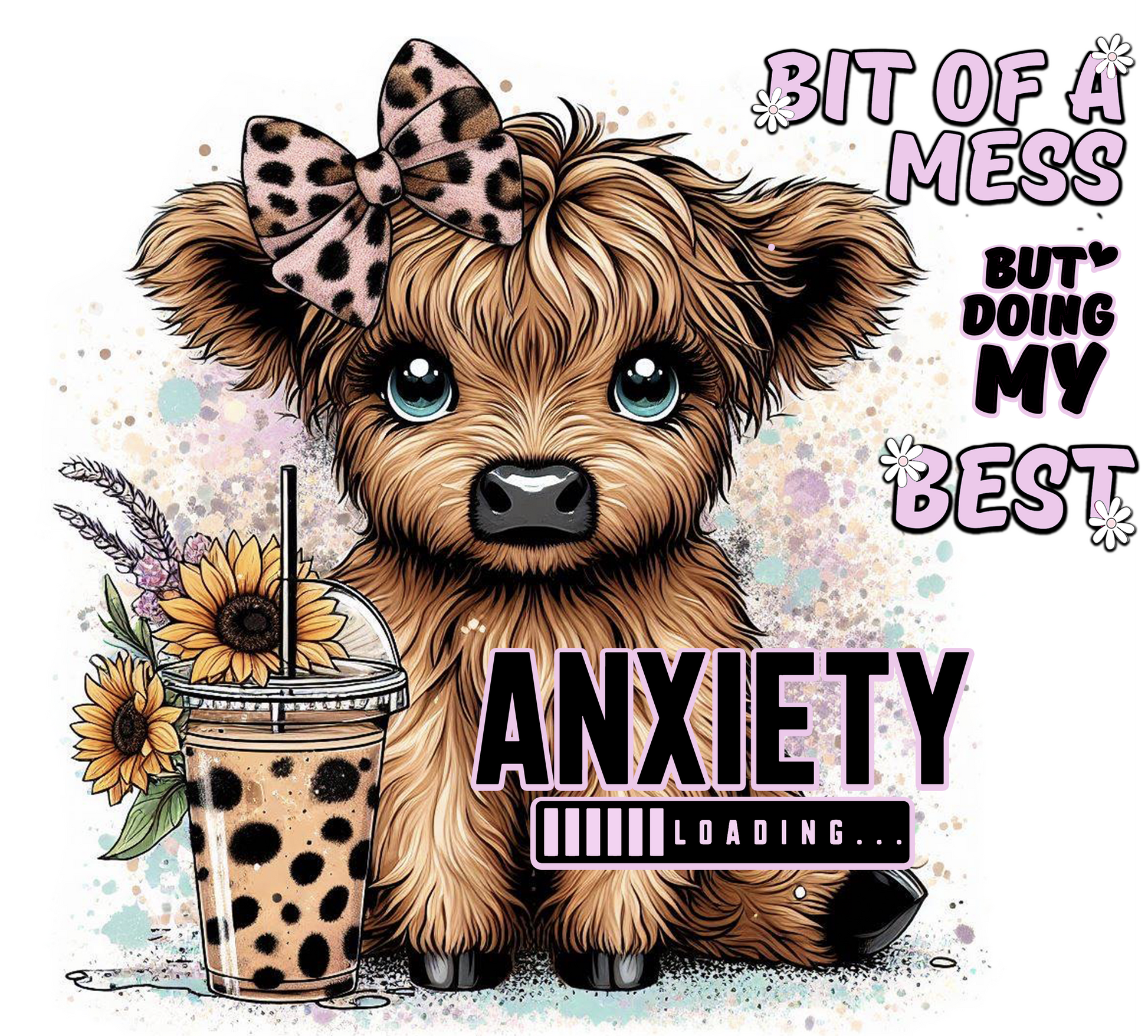 Illustration of a cow with a bow, flowers, and a drink with text about anxiety.