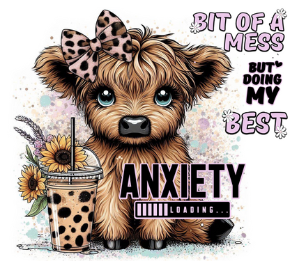 Illustration of a cow with a bow, flowers, and a drink with text about anxiety.