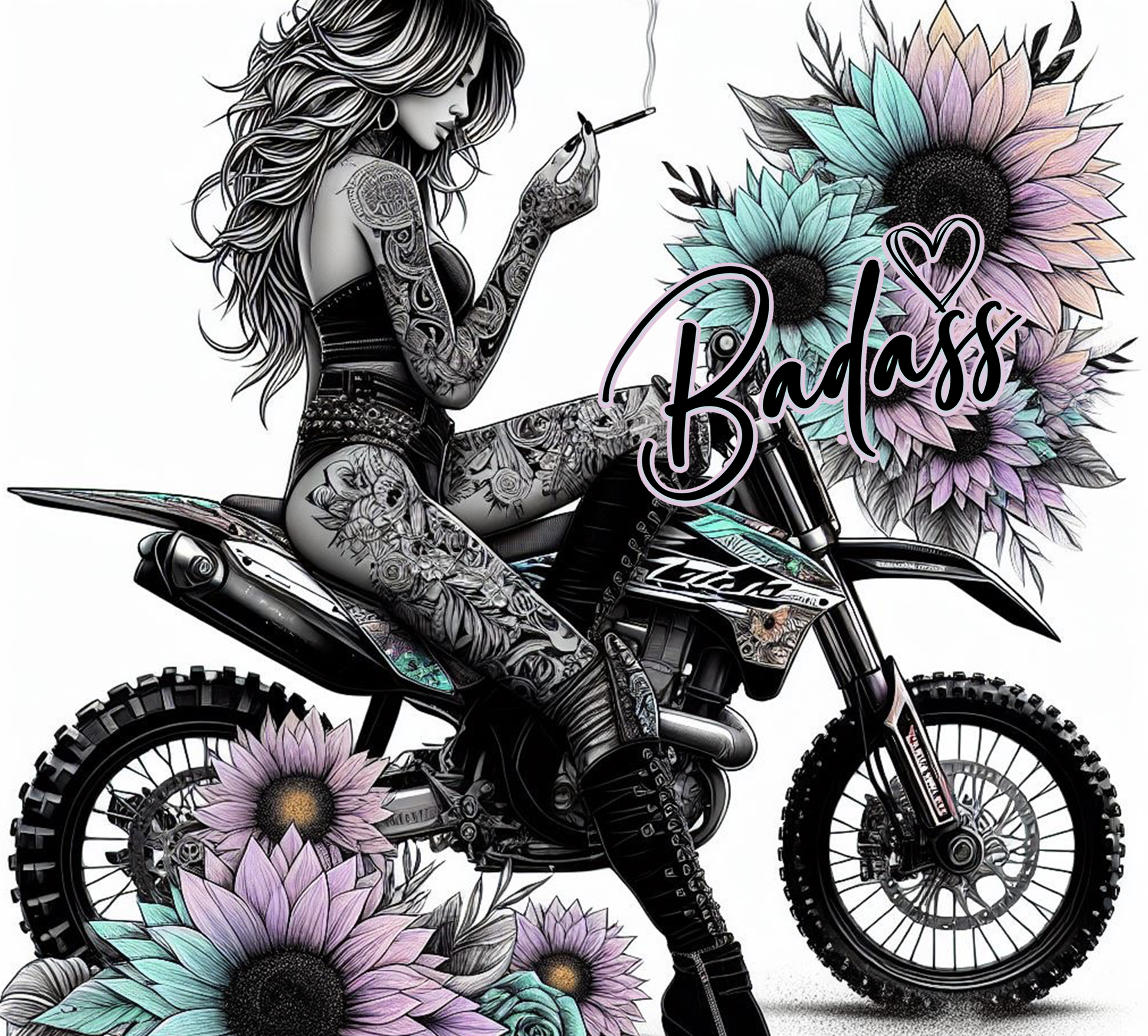 Illustration of a tattooed woman on a motorcycle with flowers and the word 'Badass' in the background.
