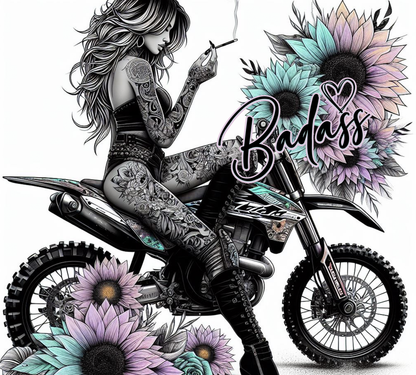 Illustration of a tattooed woman on a motorcycle with flowers and the word 'Badass' in the background.