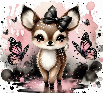Illustration of a deer (bambi) with a black bow surrounded by butterflies on a pink and black abstract background.