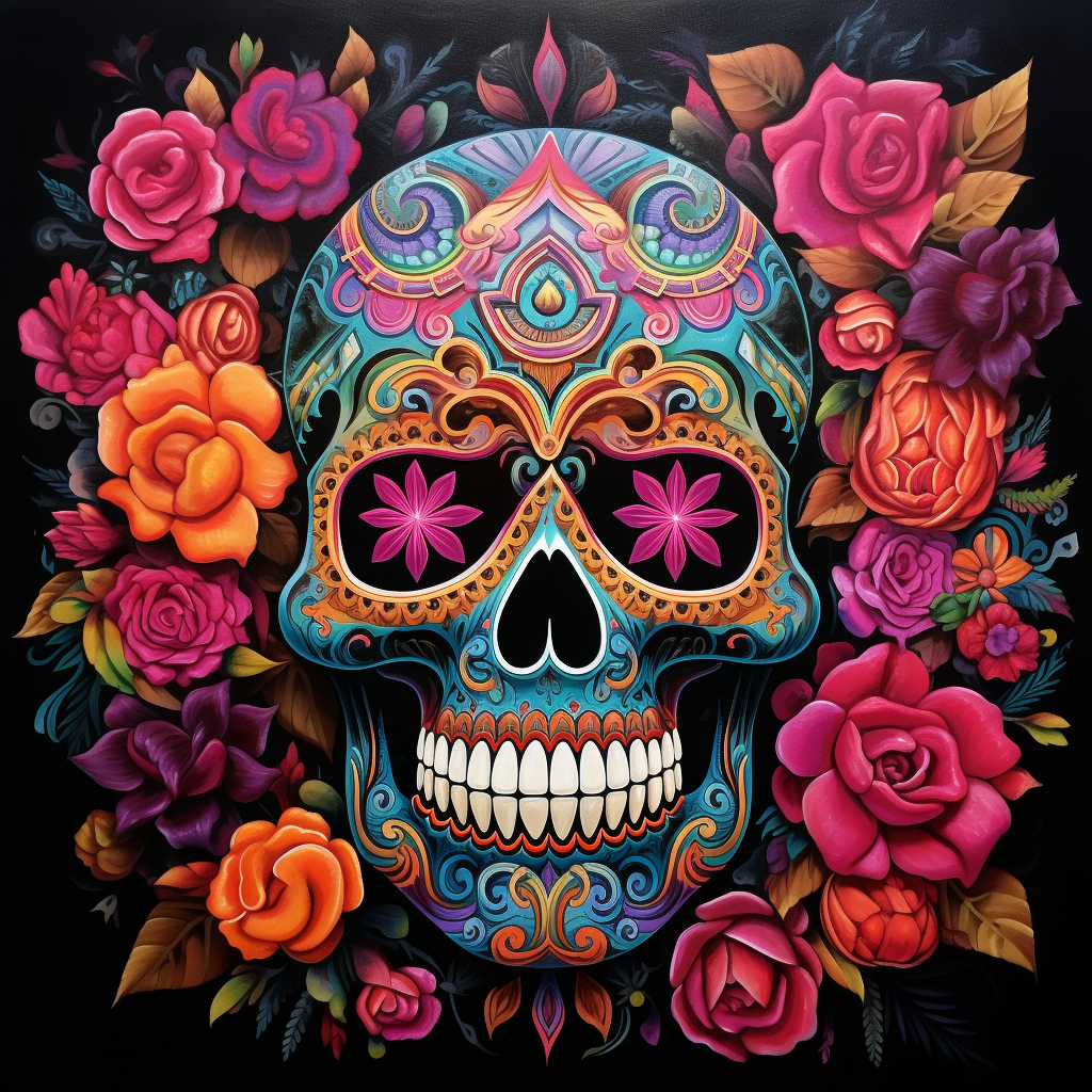 Colorful sugar skull with floral decorations on a black background