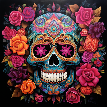 Colorful sugar skull with floral decorations on a black background