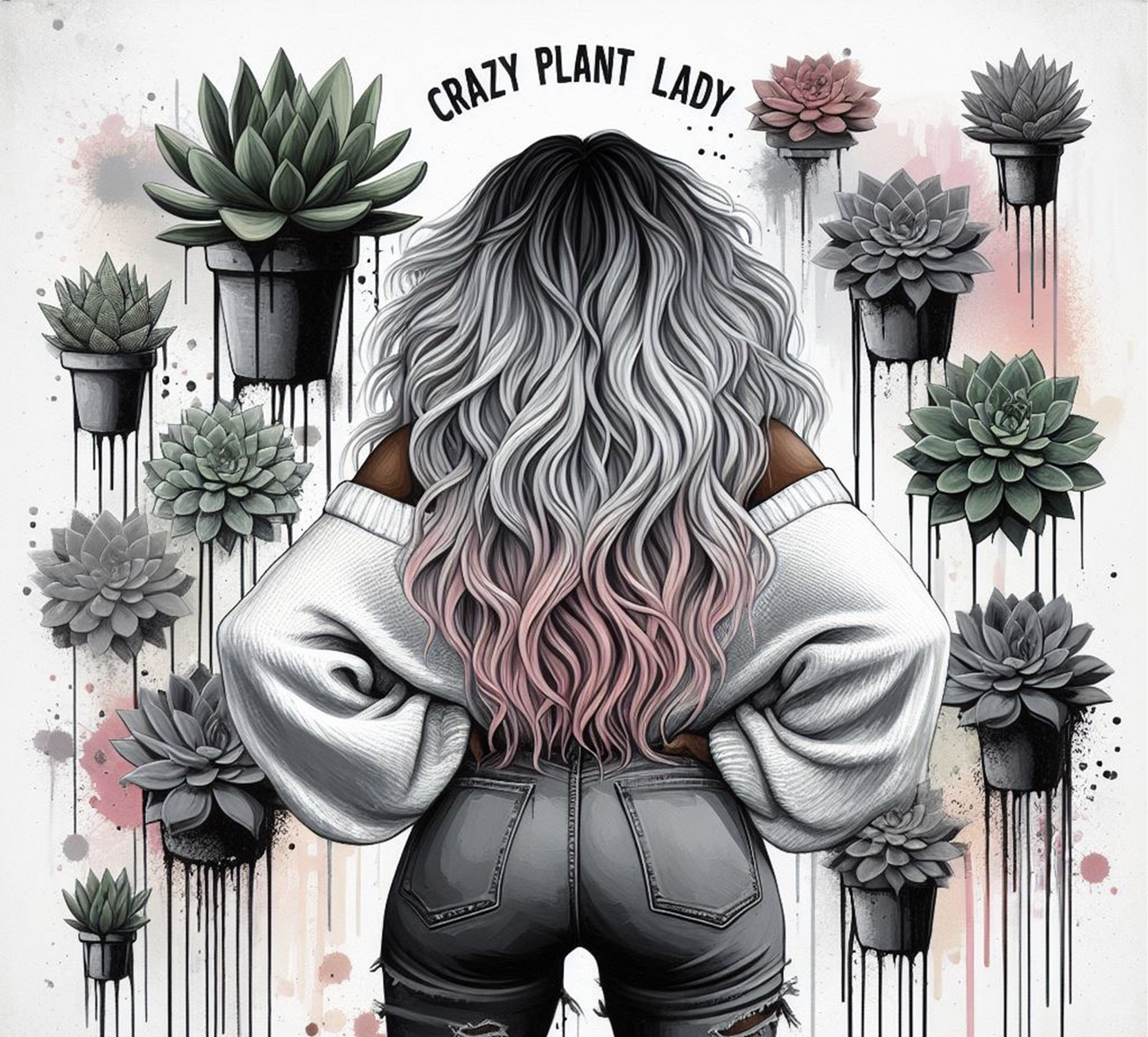 Illustration of a person with long hair and a 'Crazy Plant Lady' text surrounded by potted plants.