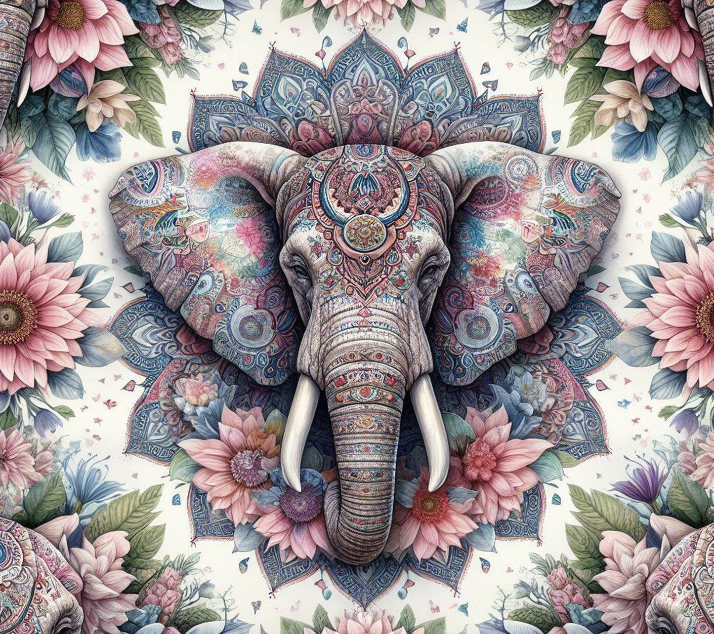 Decorative elephant with floral patterns surrounded by flowers on a light background