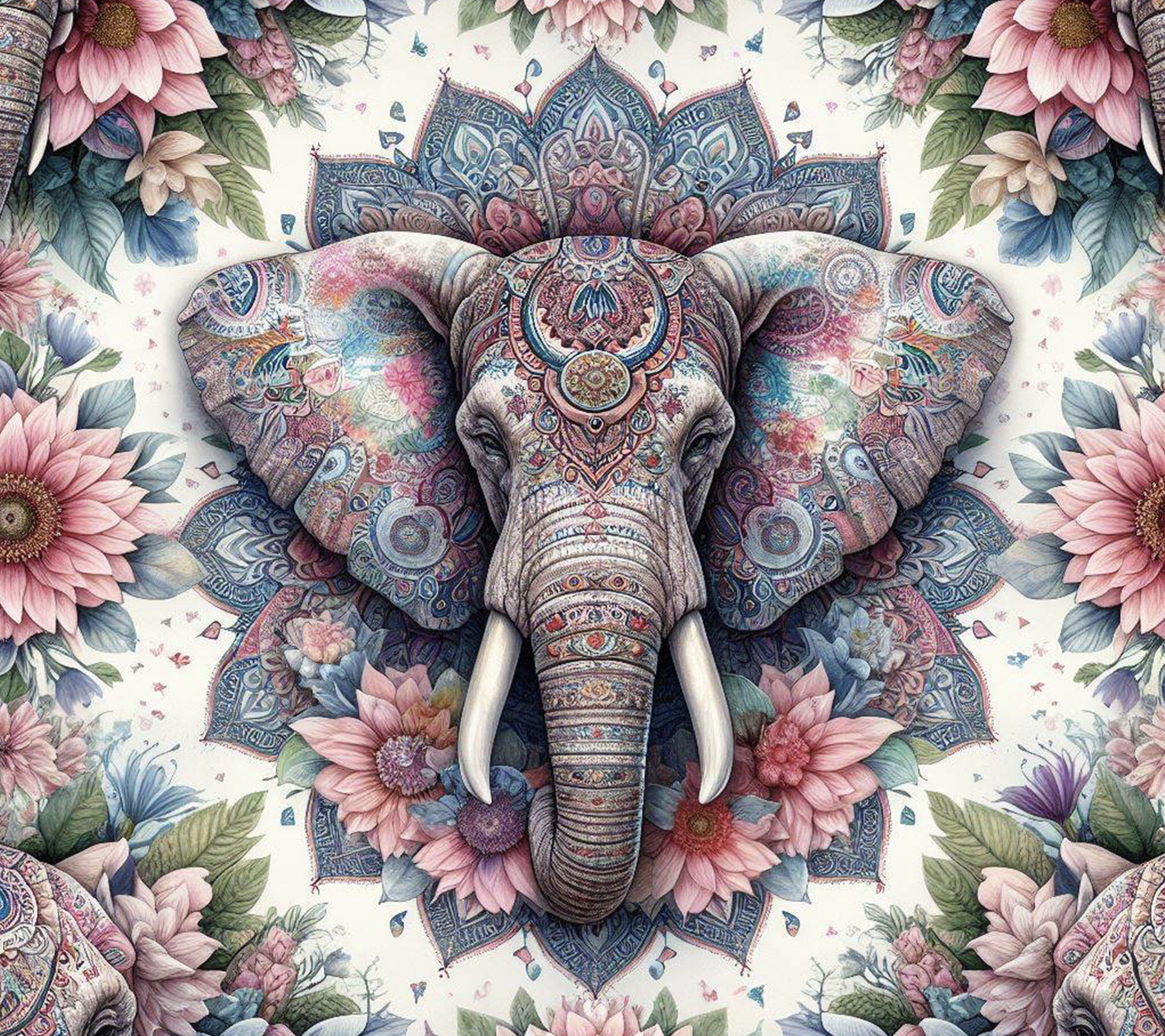 Decorative elephant with floral patterns surrounded by flowers on a light background