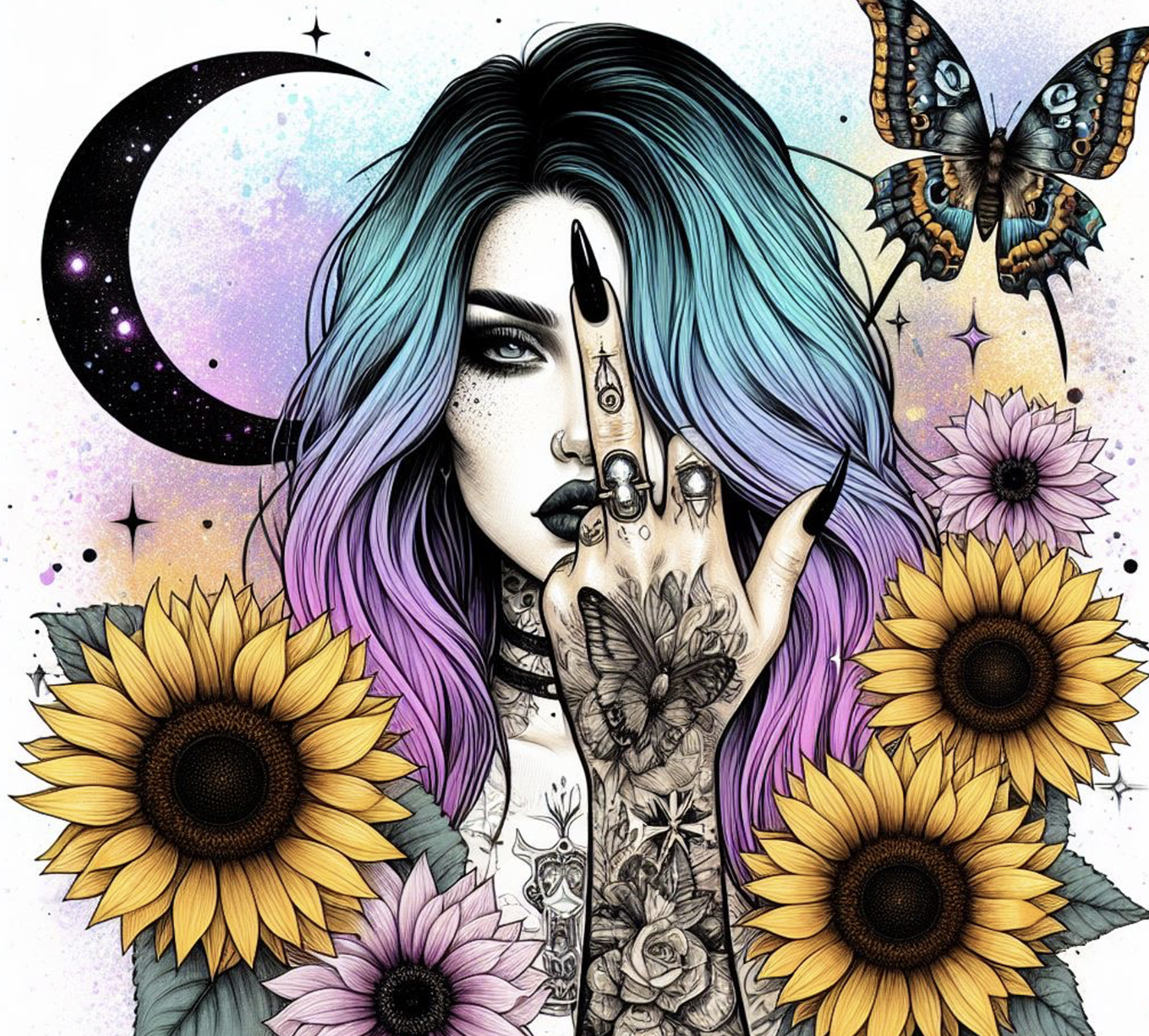 Artistic illustration of a person with tattoos, surrounded by flowers and celestial elements.
