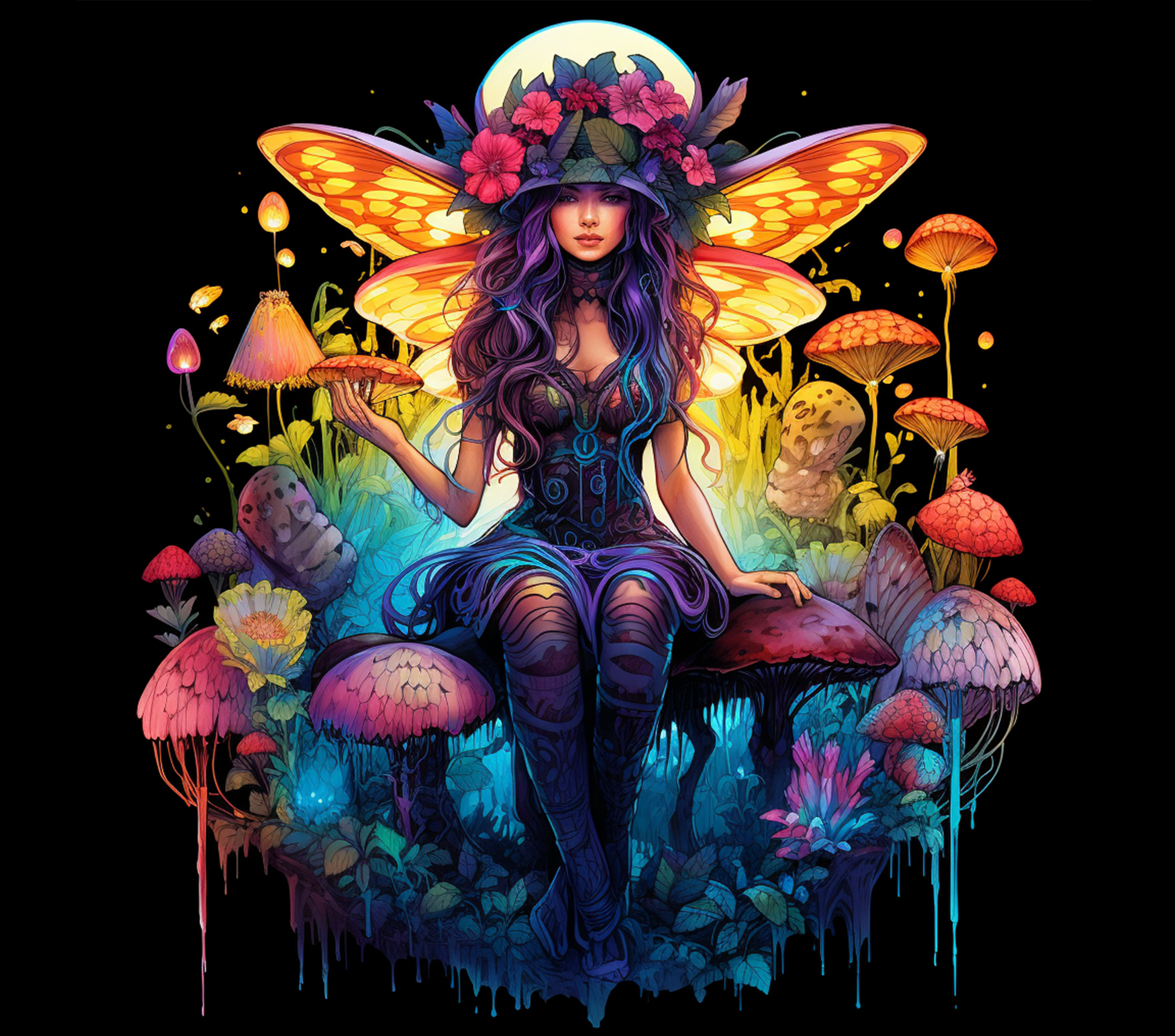 Fantasy illustration of a fairy with butterfly wings sitting on a mushroom in a colorful, magical forest.