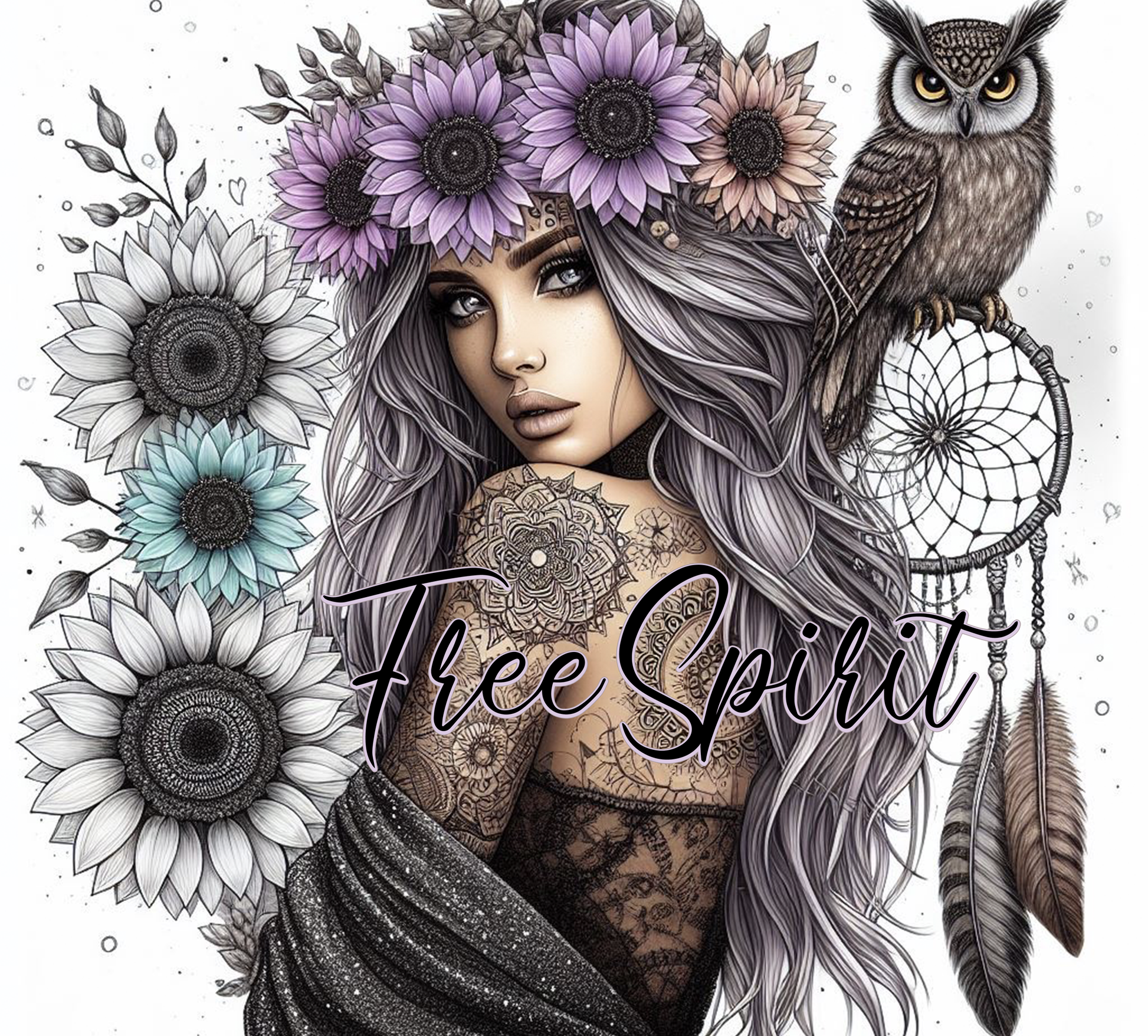 Illustration of a woman with tattoos, flowers, and an owl with 'Free Spirit' text.