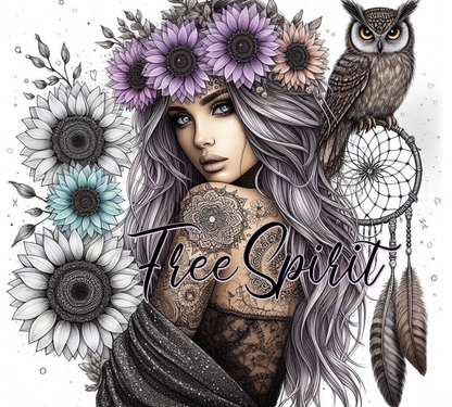 Illustration of a woman with tattoos, flowers, and an owl with 'Free Spirit' text.