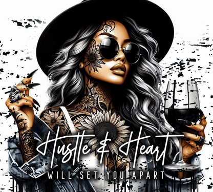 Artistic illustration of a woman with tattoos, sunglasses, and a hat, holding a glass of red wine, with text 'Hustle & Heart Will Set You Apart' on a black and white abstract background.
