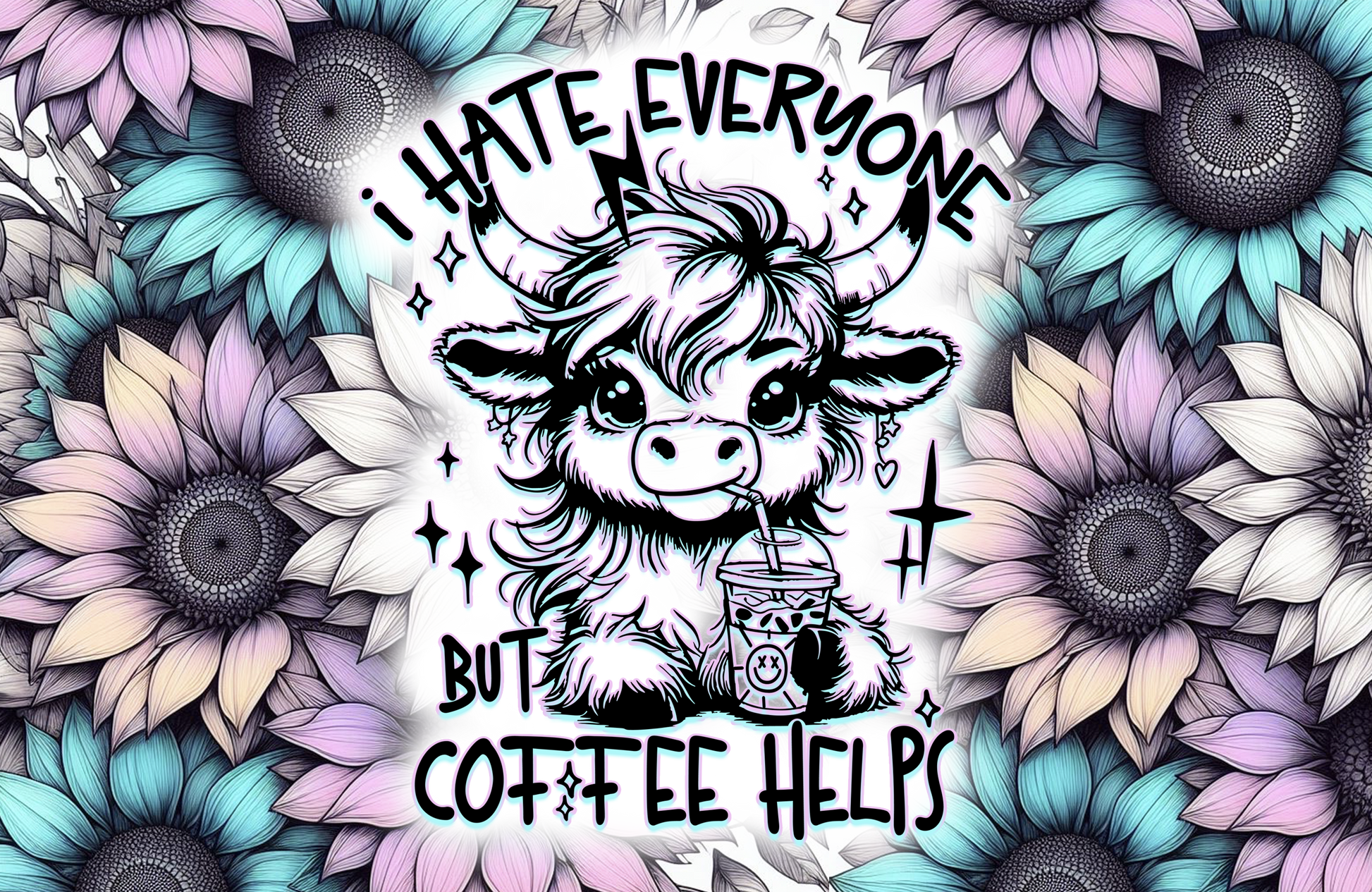 Cartoon cow with flowers and text 'I hate everyone but coffee helps' on a colorful background