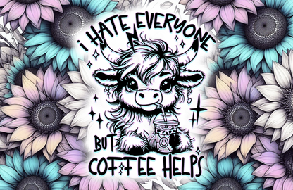 Cartoon cow with flowers and text 'I hate everyone but coffee helps' on a colorful background