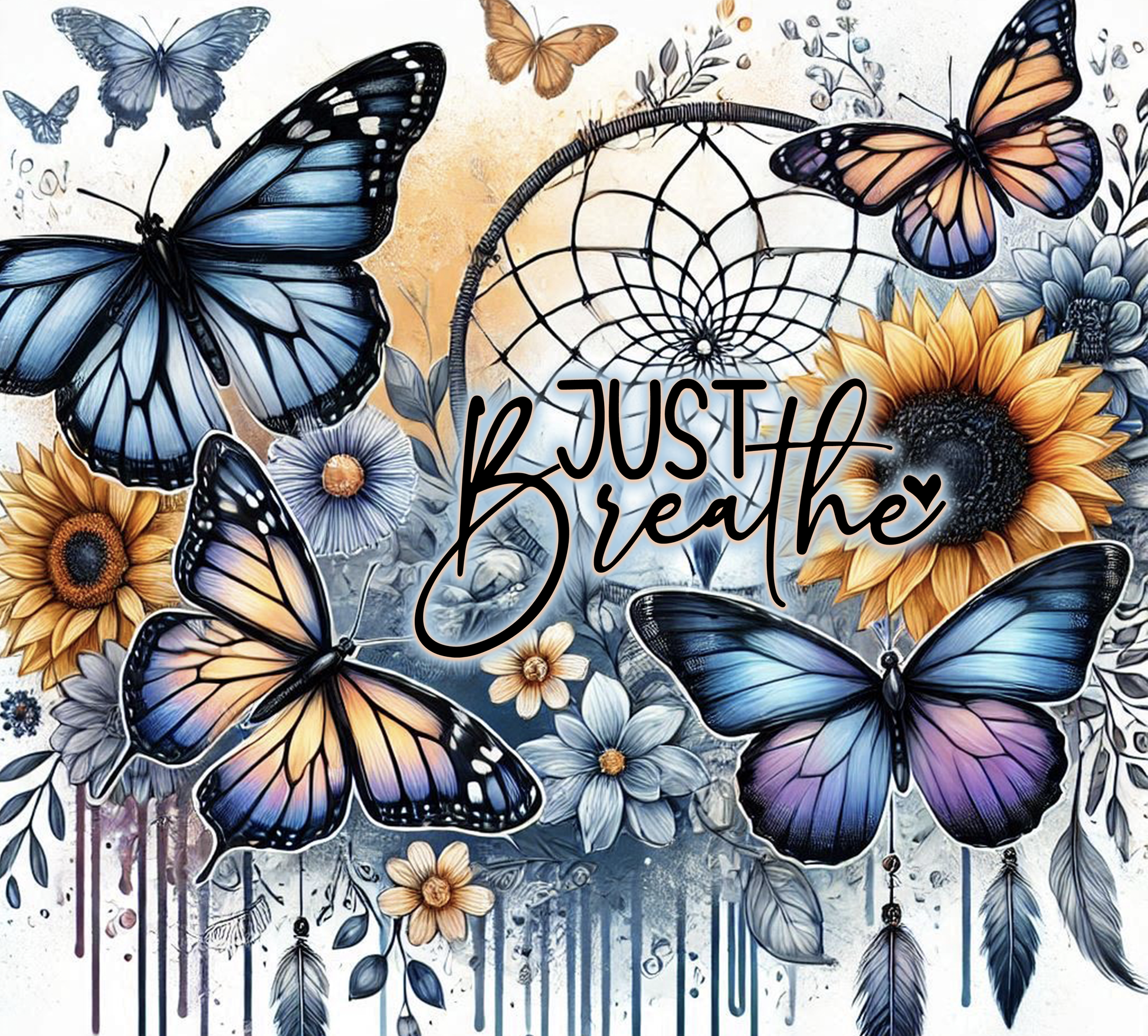 Decorative image with butterflies, flowers, and a dreamcatcher with 'Just Breathe' text.