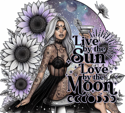 Illustration of a woman with tattoos surrounded by flowers and celestial elements with text 'Live by the Sun, Love by the Moon'.