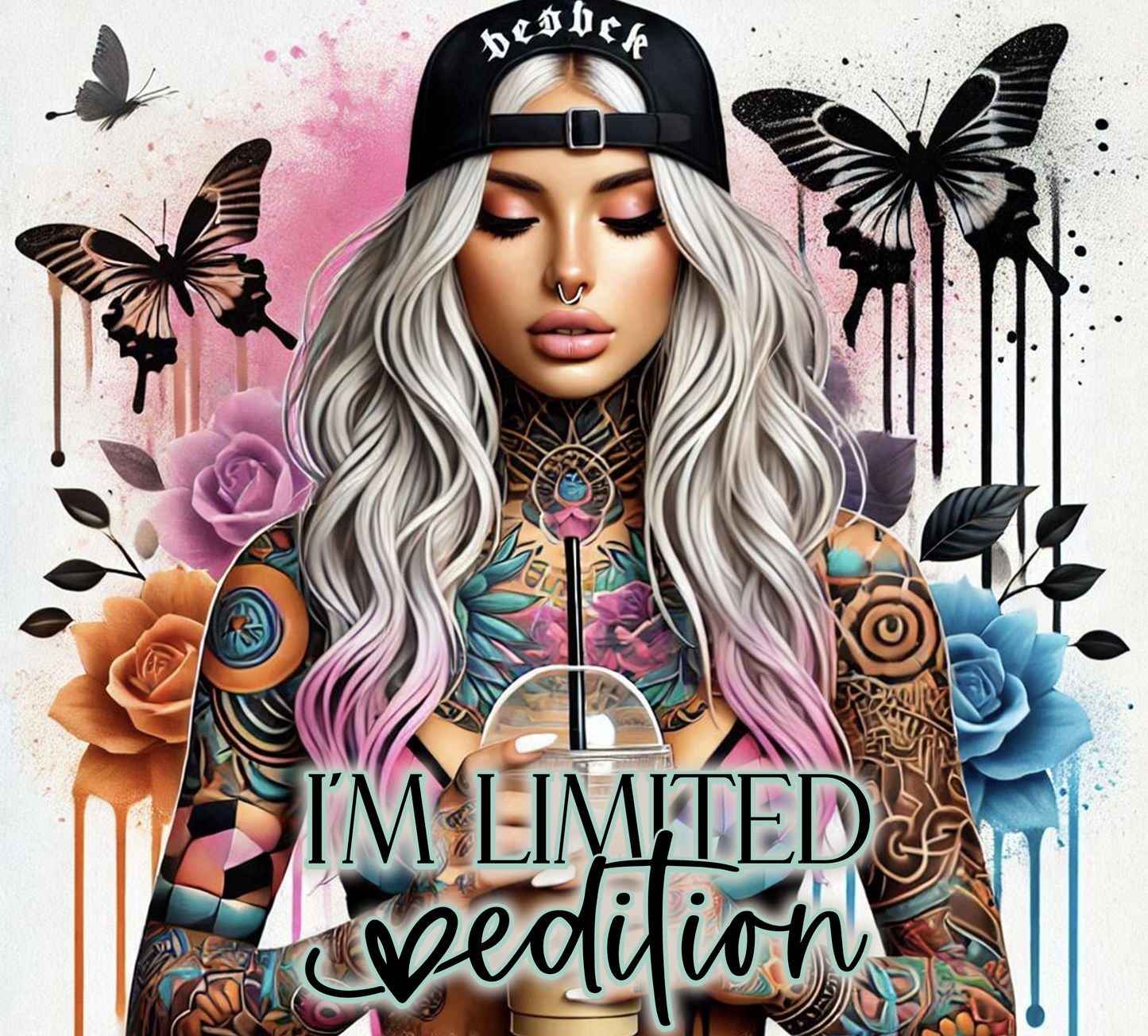 Person with tattoos and a cap surrounded by butterflies and flowers with 'I'm Limited Edition' text.