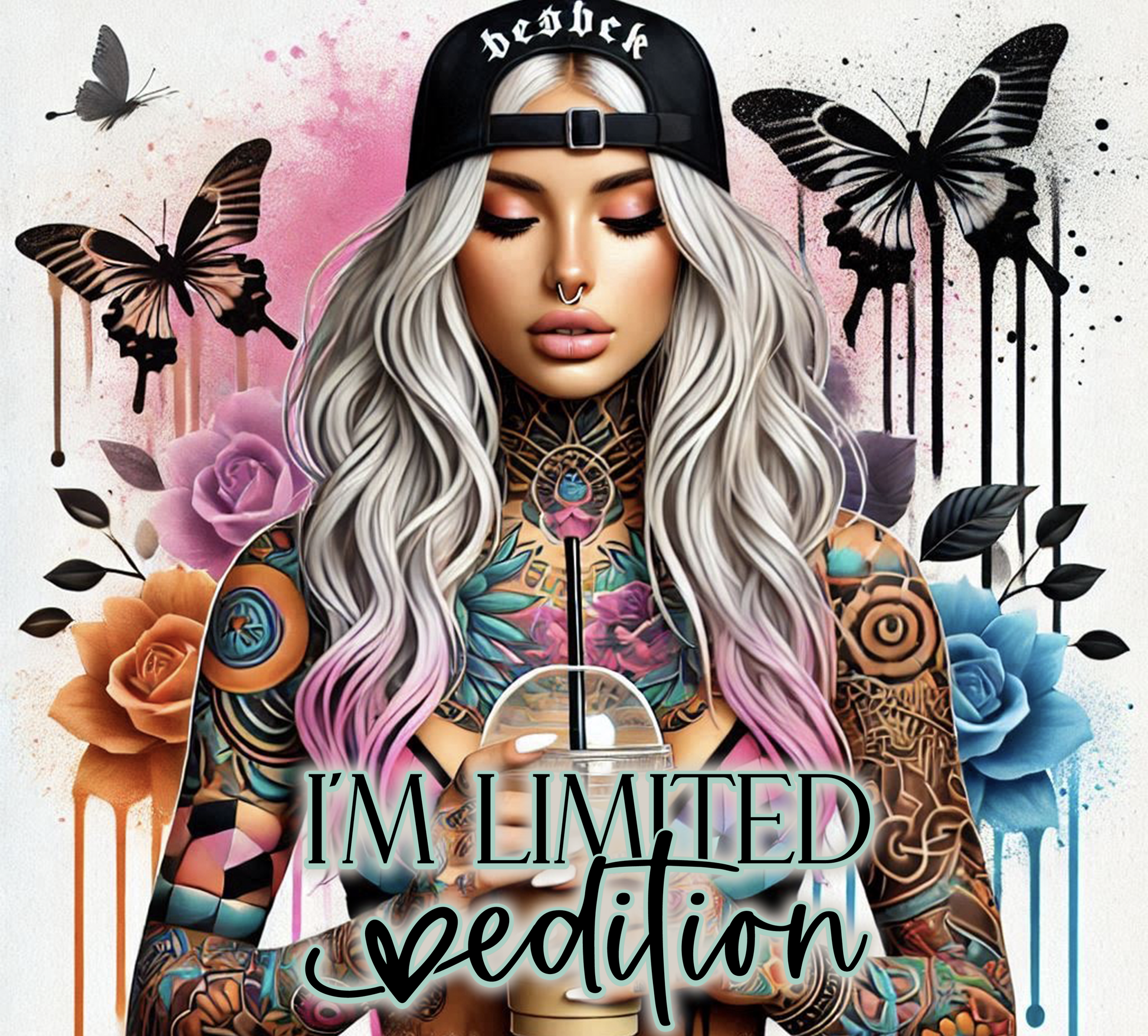 Person with tattoos and a cap surrounded by butterflies and flowers with 'I'm Limited Edition' text.