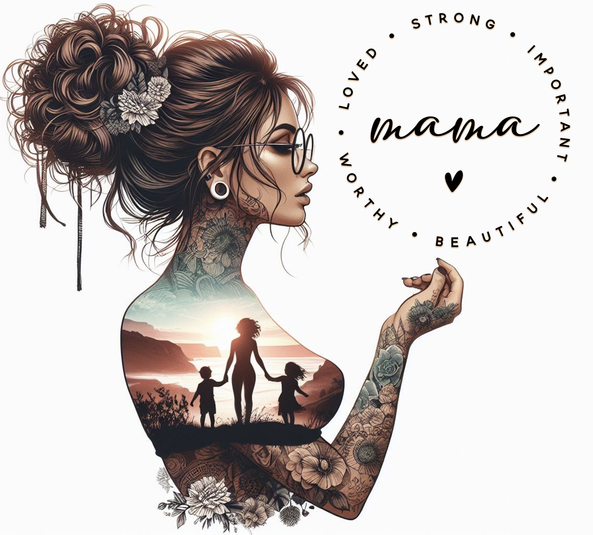 image of a tattoed woman stogn and text with 'mama, loved, strong, important, worthy and beautiful