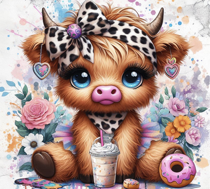 Cartoon cow with a bow, donut, and colorful background