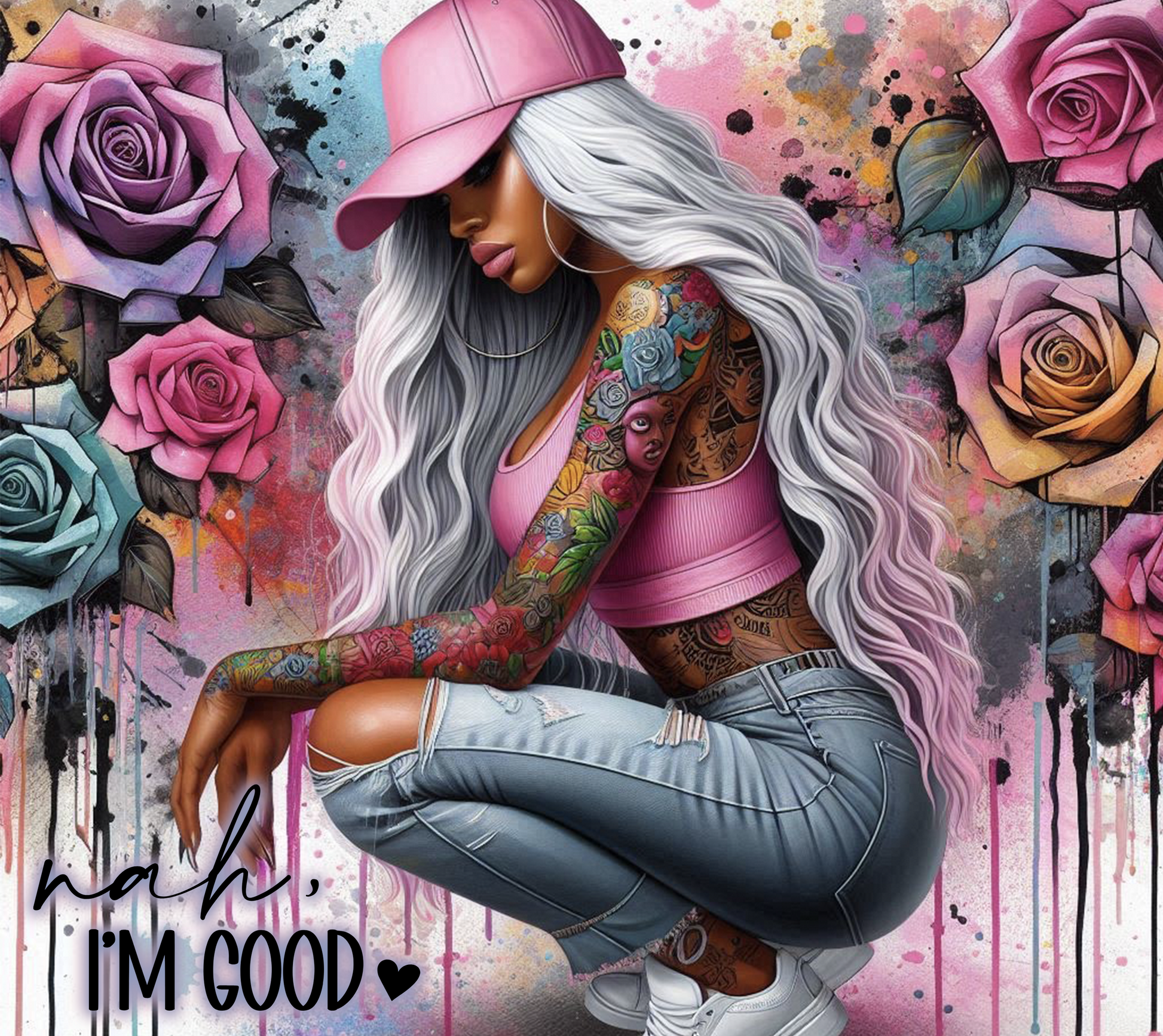 Artistic depiction of a person with tattoos and a pink cap surrounded by colorful roses on a vibrant background.