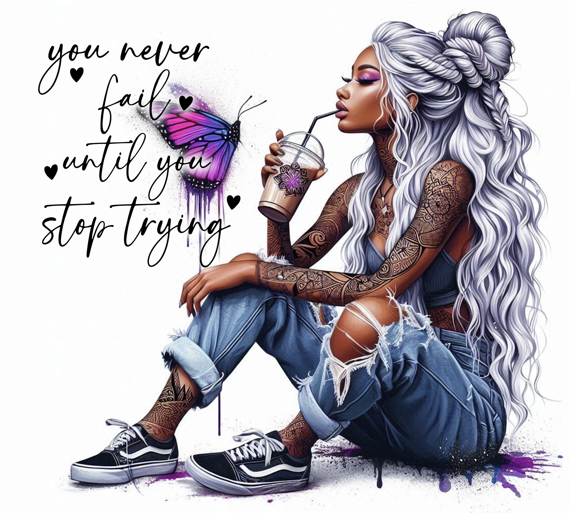 strong tattooed woman with text 'you never fail until you stop trying'