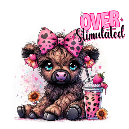 Illustration of a cute animal with a pink bow and a drink, with 'Over Stimulated' text.