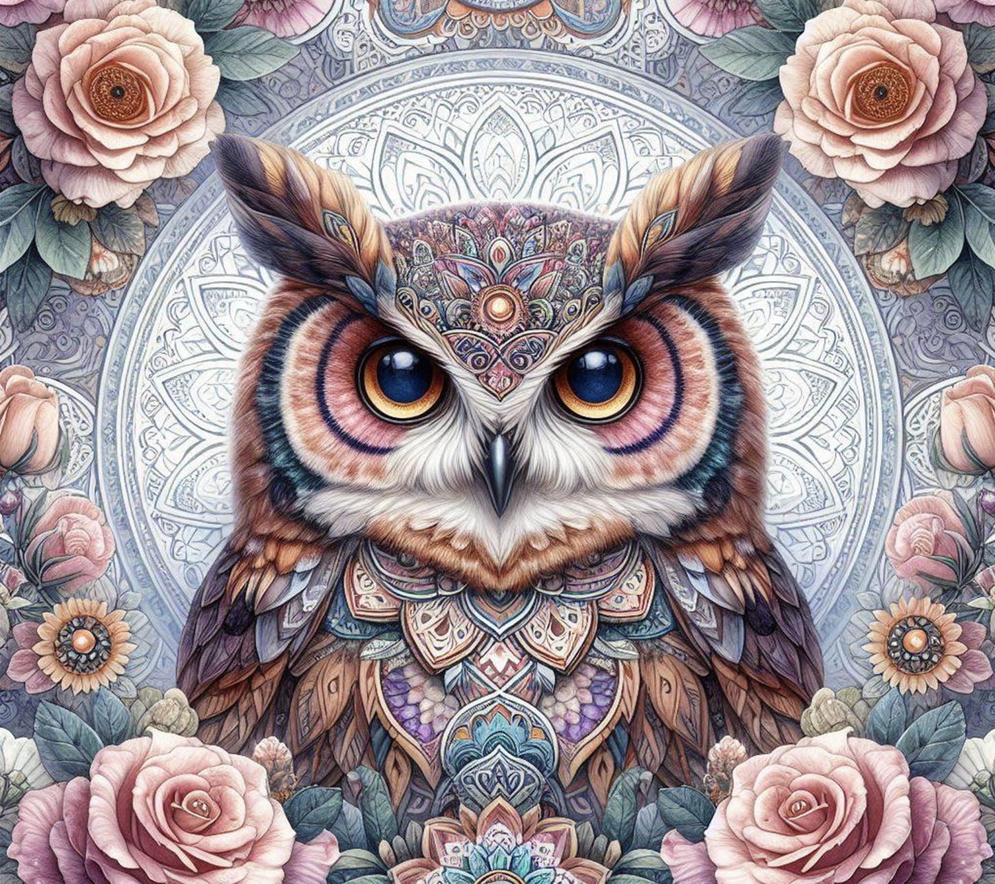 Decorative owl with mandala patterns surrounded by flowers on a floral background