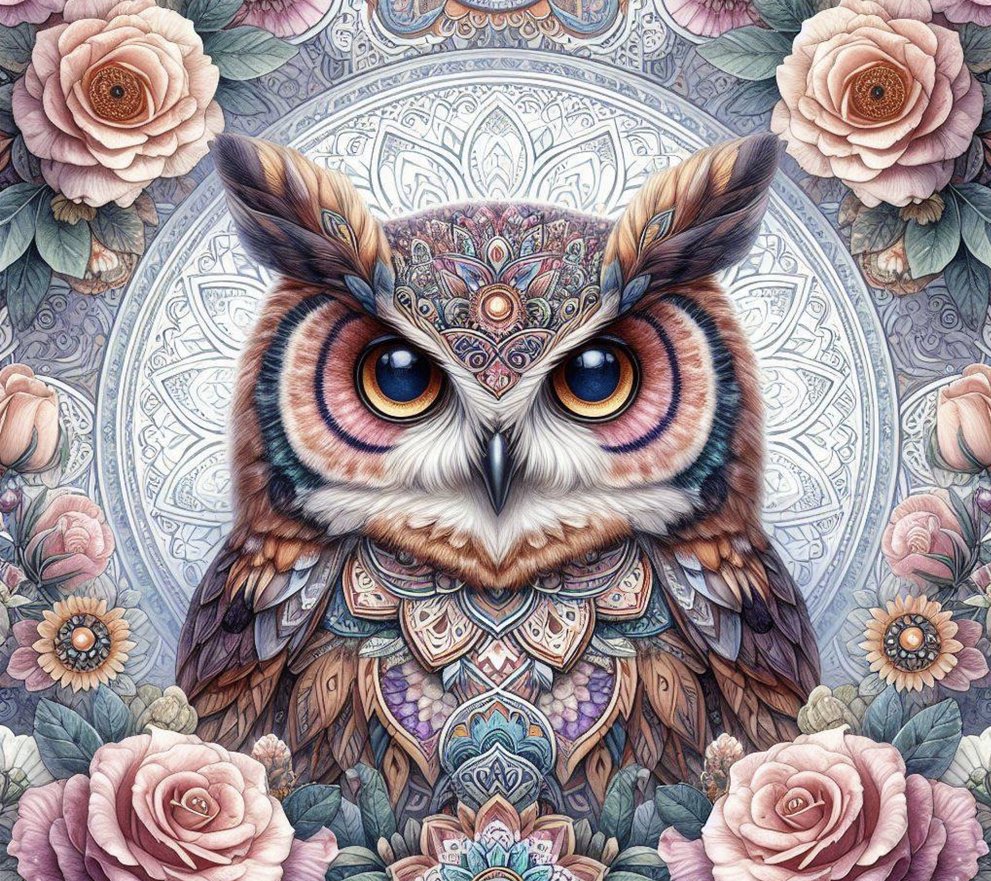 Decorative owl with mandala patterns surrounded by flowers on a floral background