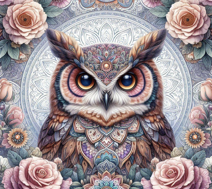Decorative owl with mandala patterns surrounded by flowers on a floral background