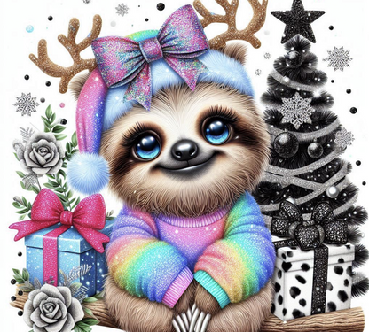 Sloth character in a colorful sweater with Christmas decorations