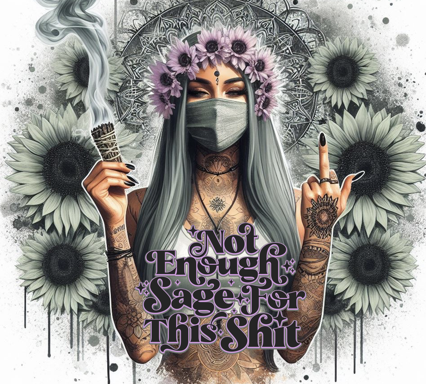 Artistic depiction of a person with tattoos and flowers, holding sage and making a hand gesture, surrounded by sunflowers.