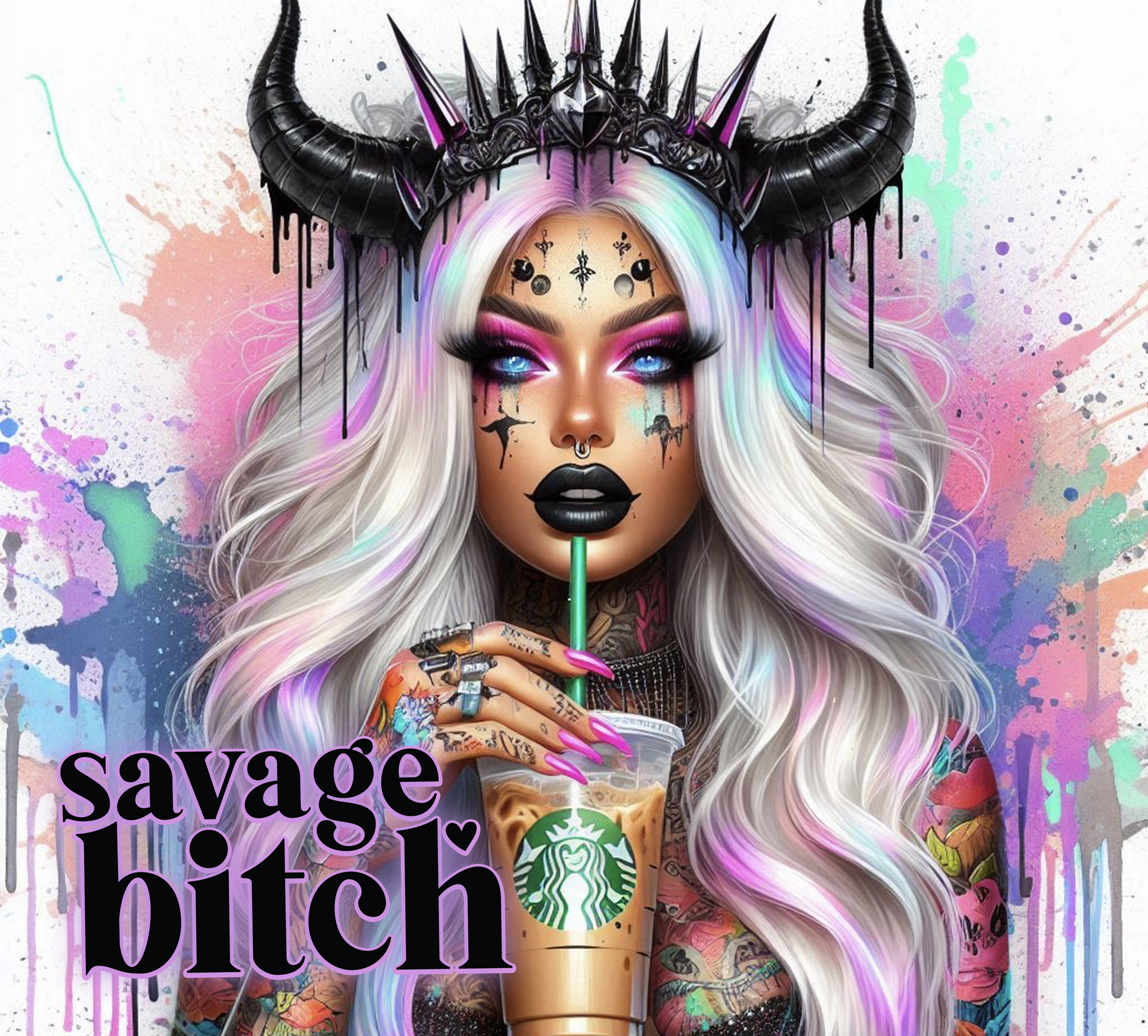 Artistic depiction of a person with elaborate makeup and horns, holding a Starbucks cup against a colorful splatter background.
