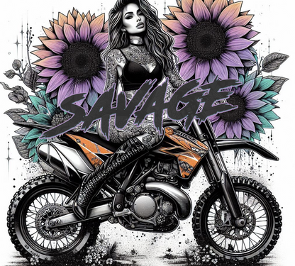 Motorcycle with 'Savage' text surrounded by sunflowers and floral elements