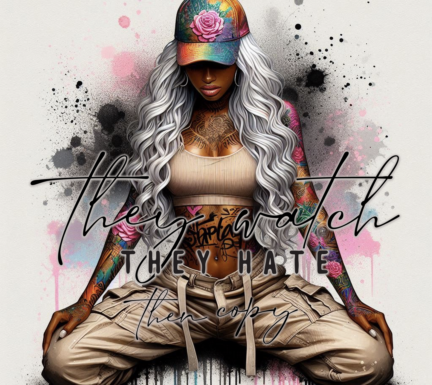 Person with long white hair and tattoos, wearing a cap and sitting cross-legged on a colorful abstract background.