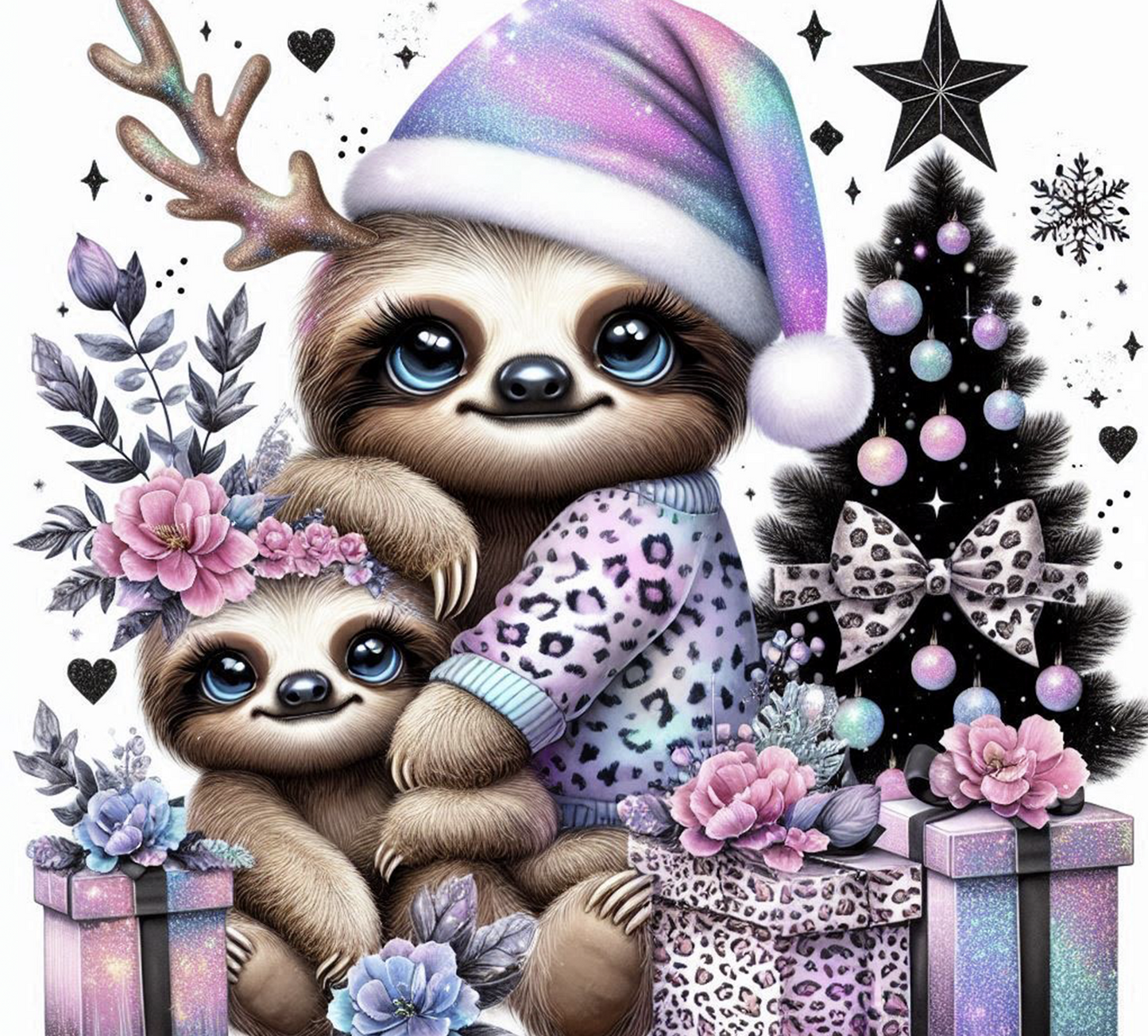 Two sloths in Christmas-themed outfits with a decorated tree and presents.