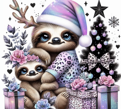 Two sloths in Christmas-themed outfits with a decorated tree and presents.