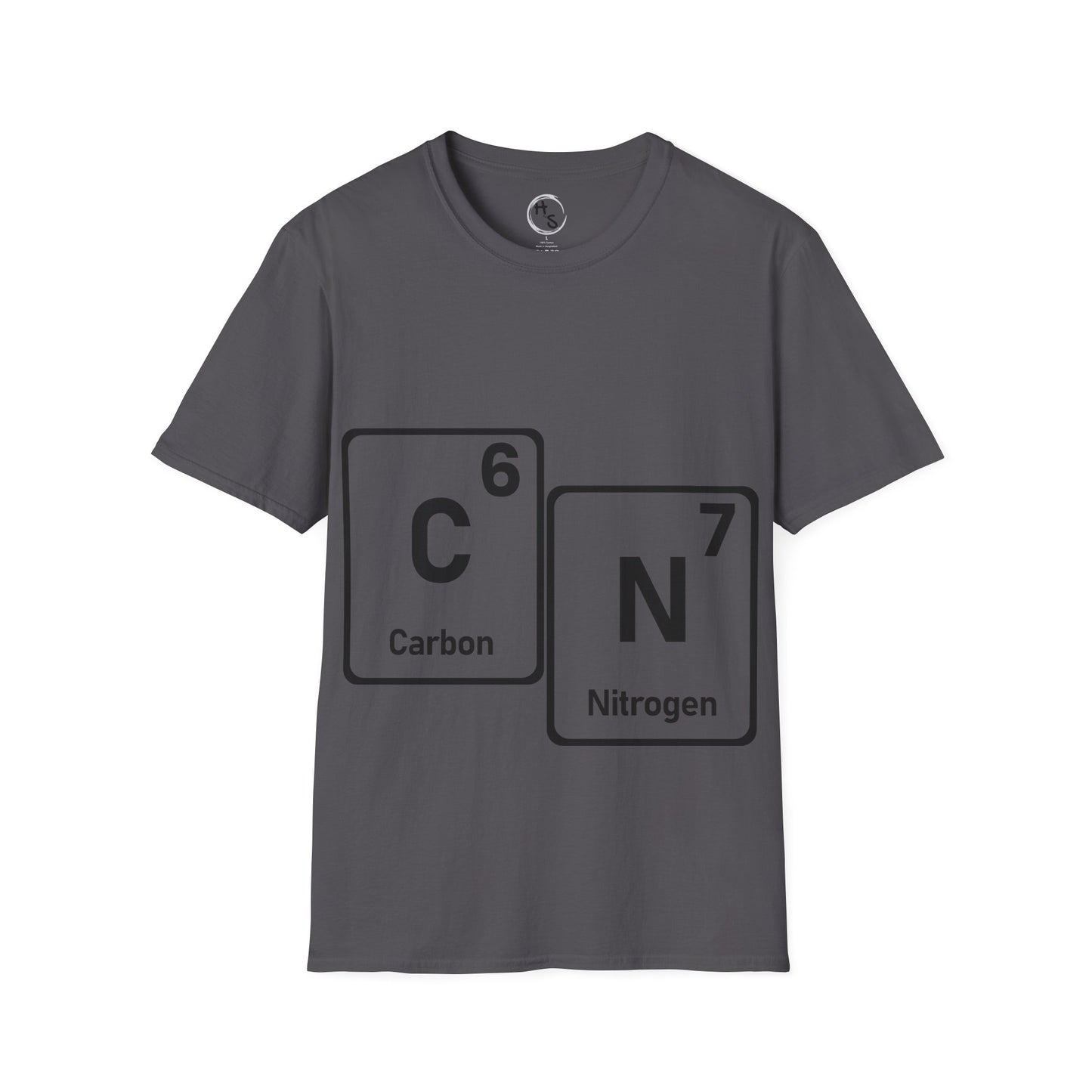 Gray t-shirt with 67 carbon and nitrogen chemical symbols on a white background