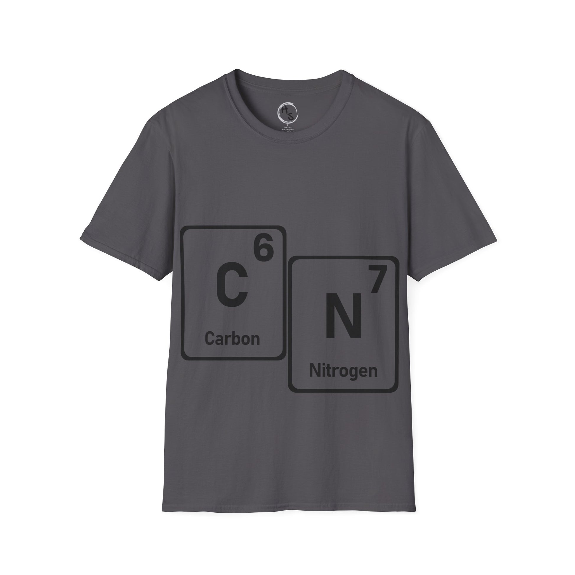 Gray t-shirt with 67 carbon and nitrogen chemical symbols on a white background