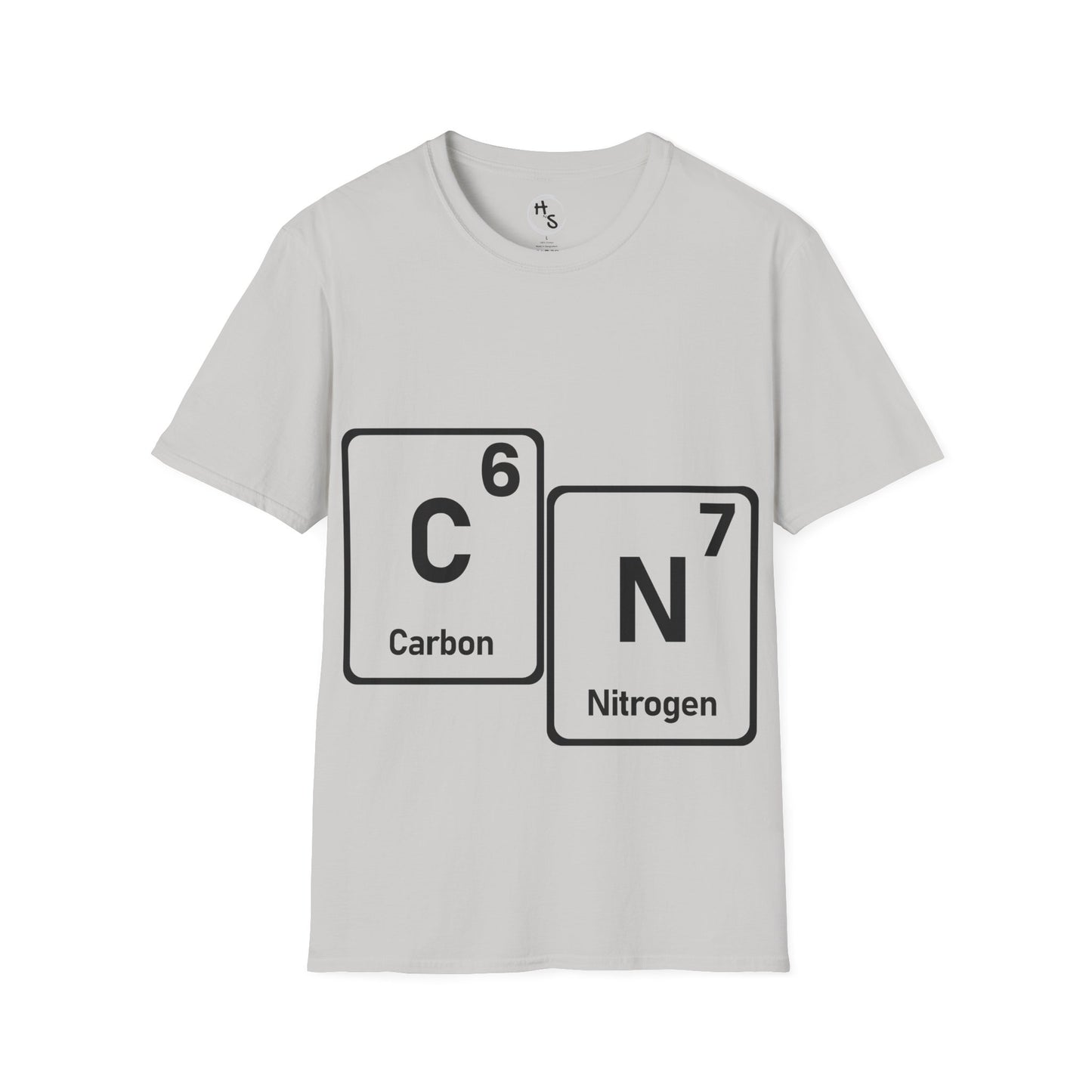 Grey t-shirt with 67 carbon and nitrogen chemical symbols on a white background