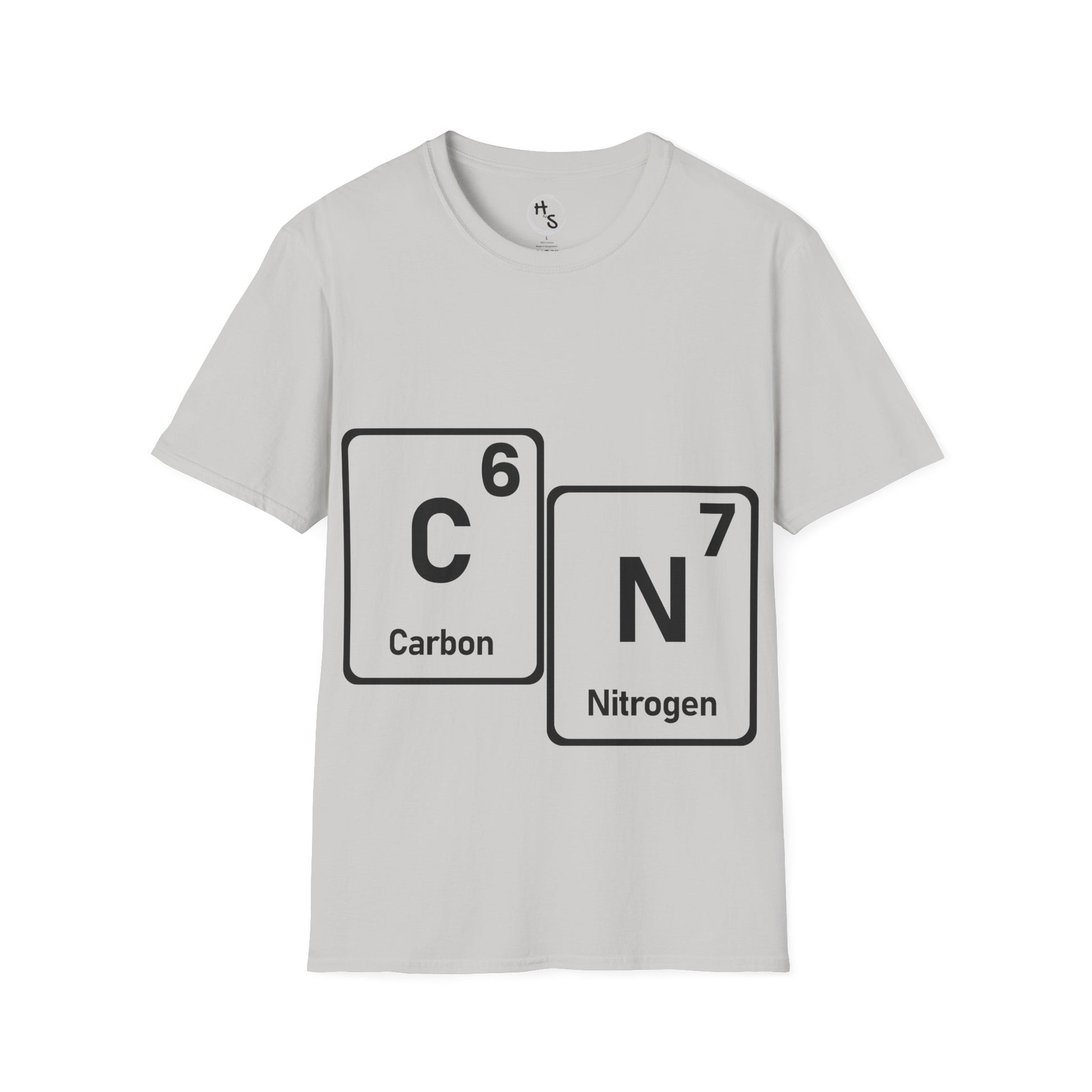 Grey t-shirt with 67 carbon and nitrogen chemical symbols on a white background