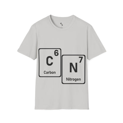 Grey t-shirt with 67 carbon and nitrogen chemical symbols on a white background