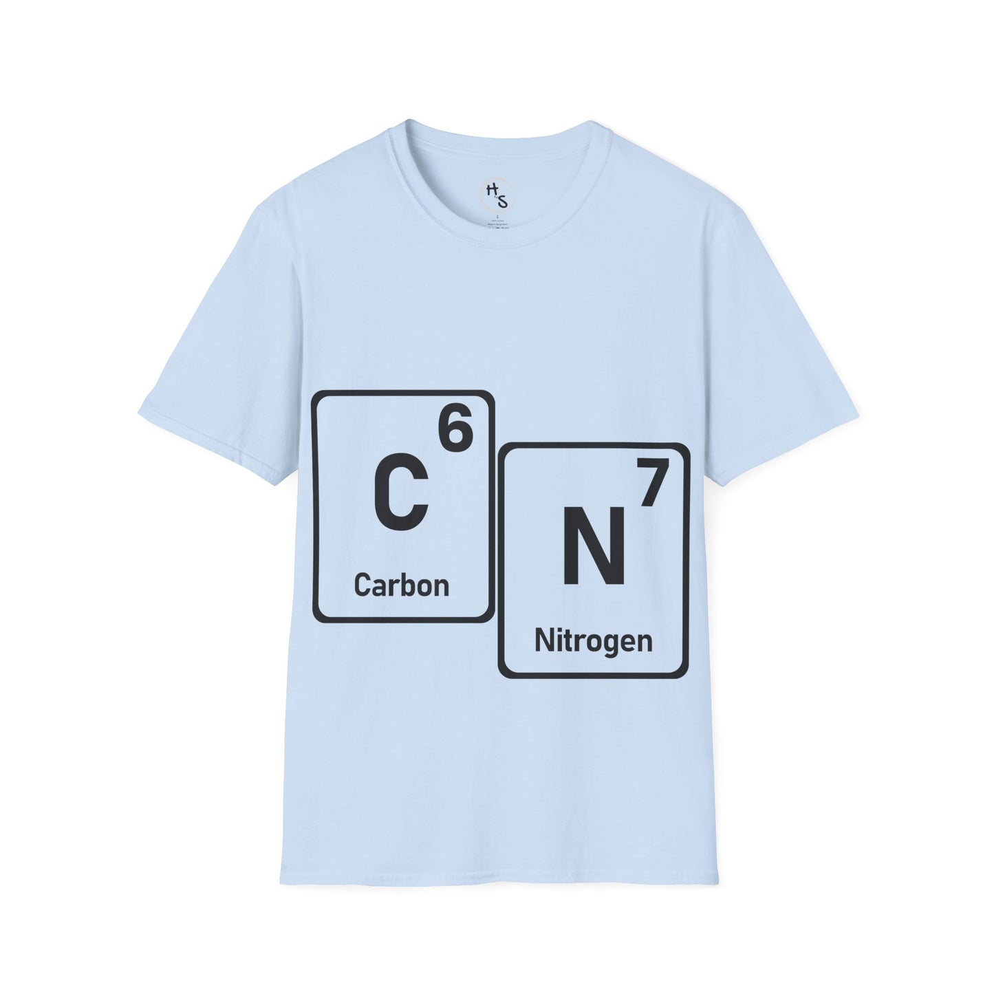Light blue t-shirt with 67 carbon and nitrogen chemical symbols on a white background