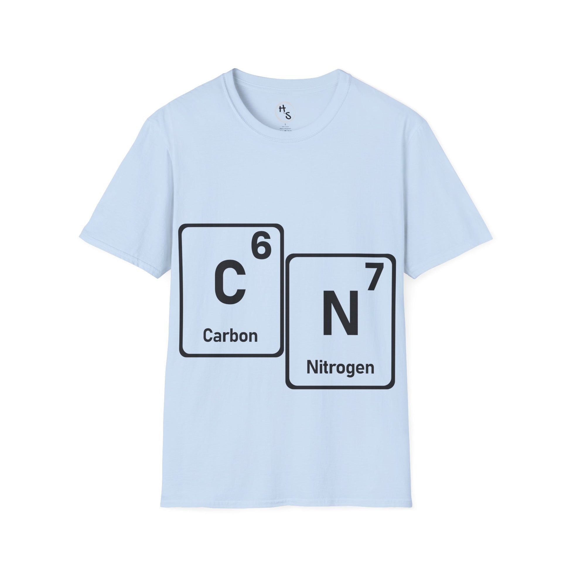 Light blue t-shirt with 67 carbon and nitrogen chemical symbols on a white background